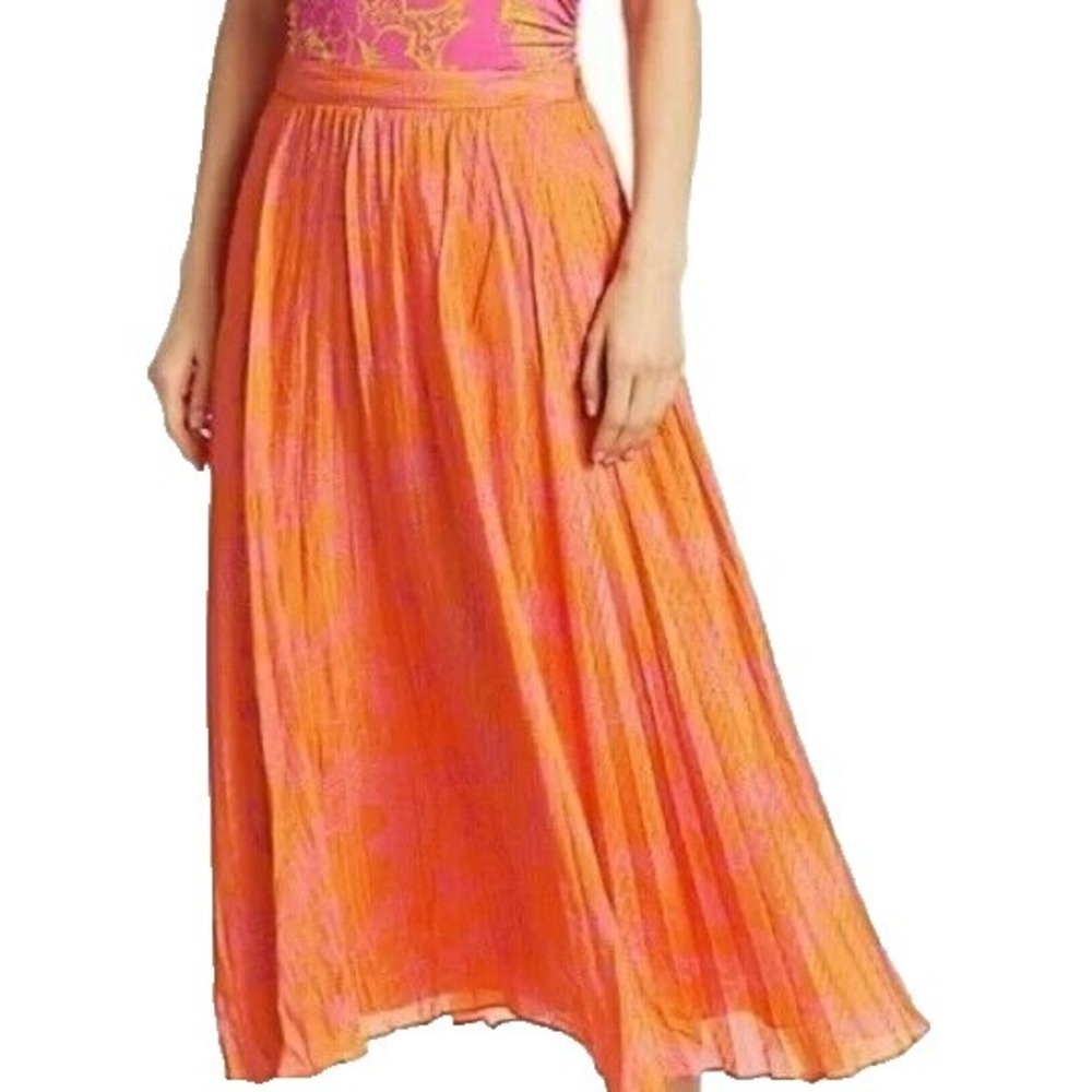 Tanya Taylor BOHO Maxi Skirts Size 16 Orange Floral Pleated Casual NEW